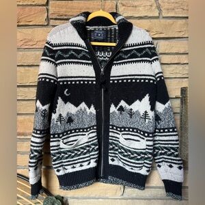 AE Full Zip Patterned Moon Shawl Collar Sweater